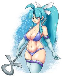 Rule 34 | 1girl, 1girl, ankh, bikini, blue eyes, blue hair, breasts, cleavage, curvy, golden sun, hair ribbon, happy, large breasts, long hair, mia (golden sun), nintendo, opera gloves, ponytail, revealing clothes, ribbon, smile, solo, staff, swimsuit, tagme, thick thighs, thigh squish, thighhighs, thighs, vlaimk