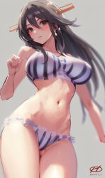 Rule 34 | 1girl, artist logo, bikini, black bikini, black hair, breasts, brown eyes, closed mouth, commentary request, gluteal fold, hair between eyes, hand up, haruna (kancolle), haruto (harut n), headgear, kantai collection, large breasts, long hair, looking at viewer, navel, simple background, solo, striped bikini, striped clothes, swimsuit, twitter username, white bikini
