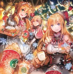 Rule 34 | 3girls, alternate costume, anchor hair ornament, apron, armband, bare shoulders, bismarck (kancolle), blonde hair, blue eyes, blush, bow, bread, breasts, capelet, christmas, christmas lights, christmas ornaments, christmas tree, corset, cup, detached sleeves, dirndl, expressionless, food, german clothes, graf zeppelin (kancolle), grey eyes, hair between eyes, hair ornament, hat, holding, holding cup, holding mug, holding tray, kantai collection, large breasts, light particles, long hair, looking at viewer, low twintails, maid, maid headdress, mug, multiple girls, open mouth, prinz eugen (kancolle), puffy short sleeves, puffy sleeves, rioka (southern blue sky), santa hat, short sleeves, sidelocks, smile, snow, snowflake print, traditional clothes, tray, tsurime, twintails