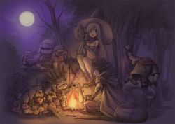 Rule 34 | 1girl, 2boys, bandeau, bare tree, blue eyes, boots, breasts, brown hair, bush, campfire, cape, dagger, earrings, eating, elbow gloves, fang, food, full moon, gloves, grey hair, grin, hand on own knee, hat, headdress, highres, holding, hoop earrings, jewelry, knife, long hair, looking at another, moon, multiple boys, navel, necklace, night, nishi, on ground, one eye closed, open mouth, orc, original, outdoors, pants, pointing, purple gloves, rock, sack, sheath, sheathed, short hair, sitting, sketch, smile, standing, sweatdrop, swept bangs, sword, tree, vomiting, weapon, witch, witch hat