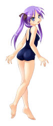 Rule 34 | 00s, 1girl, absurdres, ass, barefoot, blue eyes, blush, feet, full body, hair ribbon, highres, hiiragi kagami, kneepits, long hair, looking back, lucky star, norizou type-r, one-piece swimsuit, purple hair, ribbon, school swimsuit, simple background, smile, solo, standing, swimsuit, tsurime, twintails