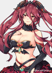 Rule 34 | 1girl, artist name, bare shoulders, breasts, cleavage, commentary request, dragalia lost, fang, ge-b, gloves, hair between eyes, heart, highres, horns, large breasts, long hair, mym (dragalia lost), navel, red eyes, red hair, simple background, smile, solo, white background