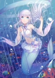 Rule 34 | 1girl, armpits, blue eyes, blue ribbon, breasts, bubble, cleavage, crop top, detached sleeves, fish, floating hair, hair ornament, hairclip, highres, kuuki shoujo, long hair, mermaid, midriff, monster girl, navel, neck ribbon, parted lips, ribbon, silver hair, small breasts, solo, stomach, strapless, the personfication of atmosphere, the personification of atmosphere, underwater