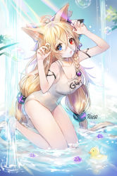 Rule 34 | 1girl, animal ears, arm up, artist name, bare shoulders, blonde hair, blue eyes, bow, braid, breasts, bubble, cat ears, claw pose, cleavage, collarbone, covered navel, g41 (beach punk 2064) (girls&#039; frontline), g41 (girls&#039; frontline), girls&#039; frontline, hair between eyes, hair bow, hair ornament, hand up, heterochromia, kneeling, large breasts, long hair, looking at viewer, low twintails, mary janes, official alternate costume, old school swimsuit, one-piece swimsuit, open mouth, red eyes, roang, rubber duck, school swimsuit, shoes, solo, sunlight, swimsuit, thighs, twintails, very long hair, water, waterfall, white footwear, white one-piece swimsuit