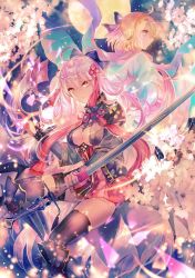 Rule 34 | 2girls, ahoge, black legwear, blonde hair, blue bow, boots, bow, breasts, cherry blossoms, commentary request, dark skin, dark-skinned female, dual persona, fate (series), full moon, hair bow, hair ornament, haori, highres, holding, holding sword, holding weapon, japanese clothes, katana, koha-ace, large breasts, long hair, long sleeves, looking at viewer, moon, multiple girls, okita souji alter (fate), okita souji (fate), orange eyes, pink hair, rioka (southern blue sky), sword, tassel, thighhighs, weapon