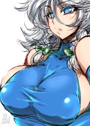 Rule 34 | 1girl, alternate costume, blue eyes, blue leotard, bow, braid, breasts, bridal gauntlets, bright pupils, colored eyelashes, covered erect nipples, expressionless, from side, hair between eyes, hair bow, highres, huge breasts, izayoi sakuya, leotard, looking afar, parted lips, puffy nipples, shiny clothes, simple background, sketch, solo, tajima yuuki, touhou, turtleneck, twin braids, upper body, white background, white pupils
