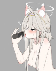 Rule 34 | 1girl, animal ear fluff, animal ears, arknights, artist request, black eyes, cat ears, cat girl, fellatio, grey background, hand on penis, highres, hypnosis, imminent fellatio, kazemaru (arknights), mind control, nipples, nude, open mouth, oral, question mark, simple background, star (symbol), sweat, tongue, tongue out, upper body, white hair