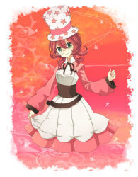Rule 34 | 1girl, closed mouth, commentary request, cowboy shot, cropped legs, dress, green eyes, hair between eyes, hat, looking at viewer, medium hair, monocle, phantom thief anniversary, pink dress, ragnarok online, red hair, reona amane, skirt hold, smile, solo, star (symbol), star print, top hat, two-tone dress, white dress, white hat, yellow-framed eyewear