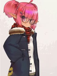 Rule 34 | 1girl, ahoge, bad id, bad pixiv id, black-framed eyewear, black pantyhose, blue coat, blush, closed mouth, coat, cowboy shot, eyes visible through hair, fur trim, glasses, grey background, hair ornament, hair scrunchie, hands in pockets, iraruju, iriam, long pointy ears, long sleeves, looking at viewer, mole, mole under eye, open clothes, open coat, pantyhose, pink eyes, pink hair, plaid, plaid scarf, pointy ears, red scarf, red scrunchie, ribbed sweater, scarf, scrunchie, short hair, signature, smile, solo, standing, sweater, tanyatonya, twintails, virtual youtuber, white sweater