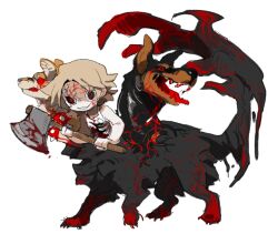 Rule 34 | 1boy, axe, blood, blood on clothes, bloody weapon, cerberus, chinese commentary, commentary request, du jing, highres, holding, holding axe, holding weapon, light brown hair, male focus, monster boy, parted bangs, saibou shinkyoku, shinano eiji, short hair, simple background, spoilers, tank top, taur, weapon, white background, white tank top