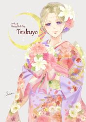 Rule 34 | 1girl, alternate costume, alternate hairstyle, birthday, blonde hair, blush, bouquet, character name, dated, scar on face, flower, furisode, gintama, hair flower, hair ornament, happy birthday, holding, holding bouquet, japanese clothes, kimono, kotoha (user anzh3572), long sleeves, purple eyes, scar, scar on cheek, scar on face, scar on forehead, smile, solo, tsukuyo (gintama), wide sleeves