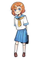 Rule 34 | 1girl, absurdres, asymmetrical bangs, bag, black bag, blue eyes, blue sailor collar, blue skirt, blush, brown footwear, closed mouth, commentary request, freckles, full body, highres, higurashi no naku koro ni, holding, holding bag, kneehighs, loafers, looking at viewer, neckerchief, parted hair, pleated skirt, rax (pixiv 47057609), ryuuguu rena, sailor collar, school bag, school uniform, serafuku, shoes, short sleeves, simple background, skirt, sleeve cuffs, smile, socks, solo, standing, wavy mouth, white background, white serafuku, white socks, yellow neckerchief