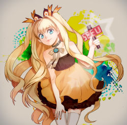 Rule 34 | 1girl, animal ears, bare shoulders, blonde hair, blue eyes, dress, hair ribbon, long hair, looking at viewer, microphone, ribbon, seeu, sia-set, smile, solo, thighhighs, twintails, two side up, very long hair, vocaloid, zettai ryouiki