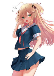 Rule 34 | 1girl, puff of air, admiral hipper (azur lane), ahoge, alternate costume, angry, azur lane, blonde hair, blue serafuku, blue skirt, breasts, green eyes, hair ribbon, hand in own hair, long hair, looking at viewer, neckerchief, open mouth, pleated skirt, red neckerchief, ribbon, sailor collar, school uniform, schreibe shura, serafuku, short sleeves, simple background, skirt, small breasts, solo, two side up, white background, white sailor collar