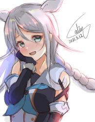 Rule 34 | 1girl, black gloves, blue eyes, blue neckerchief, braid, calin, collared shirt, elbow gloves, gloves, hair flaps, hair tie, hand on own face, highres, kantai collection, long hair, looking at viewer, neckerchief, parted bangs, shirt, signature, silver hair, simple background, sleeveless, sleeveless shirt, solo, umikaze (kancolle), umikaze kai ni (kancolle), upper body, very long hair, white background