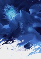 Rule 34 | 1other, ajimita, aqua hair, artist name, bed sheet, blue theme, bow, broken arrow, dark, dissolving, eyelashes, closed eyes, facing to the side, facing viewer, feet out of frame, glowing, hair bow, hair up, hand up, houseki no kuni, light particles, long sleeves, lying, on back, on bed, other focus, pajamas, phosphophyllite, pillow, ponytail, shards, sidelocks, solo, wide sleeves
