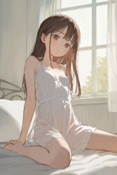 Rule 34 | 1girl, akipeko, bare legs, barefoot, bed, breasts, brown eyes, brown hair, dress, highres, long hair, looking at viewer, on bed, original, see-through, seiza, sitting, small breasts, solo, spaghetti strap, sundress, white dress, window