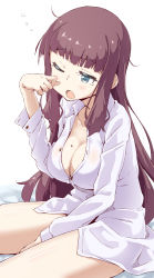 Rule 34 | 10s, 1girl, ;o, blue eyes, breasts, cleavage, dress shirt, highres, large breasts, long hair, mole, mole on breast, naked shirt, new game!, one eye closed, partially unbuttoned, purple hair, rubbing eyes, shirt, sitting, solo, takimoto hifumi, tears, unbuttoned, very long hair, waking up, yawning, zakoisuto
