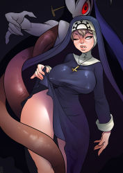 Rule 34 | 1girl, absurdres, blonde hair, breasts, clothes lift, covered erect nipples, cross, double (skullgirls), dress, highres, huge breasts, large breasts, monster, monster girl, narrow waist, nat the lich, nun, skirt, skirt lift, skullgirls, solo, tentacles, thick lips, thick thighs, thighs, wide hips