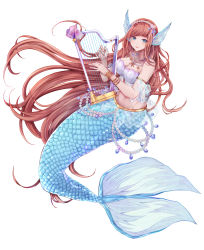 Rule 34 | 1girl, armlet, bad id, bad pixiv id, bangle, bare shoulders, blue eyes, bracelet, breasts, brown hair, cleavage, fins, full body, groin, hairband, harp, head fins, highres, instrument, jewelry, long hair, looking at viewer, medium breasts, mermaid, monster girl, music, navel, necklace, original, pearl necklace, playing instrument, ritoronpa, shell, shell bikini, shell hair ornament, smile, solo, very long hair