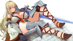 Rule 34 | 1girl, armor, bare shoulders, blonde hair, blush, breasts, cleavage, closed mouth, gloves, greaves, highleg, highleg leotard, highres, holding, holding sword, holding weapon, large breasts, legs, leotard, long hair, looking at viewer, original, pupps, purple eyes, simple background, sword, weapon, white background, wide sleeves