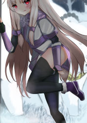 Rule 34 | 1girl, animal, arm guards, black thighhighs, blue scarf, blurry, blurry background, blush, boots, breasts, closed mouth, dress, fate/grand order, fate (series), from side, fur trim, hand up, highres, hiroto (sauzanndo), leg up, licking, licking lips, long hair, looking at viewer, looking to the side, multicolored clothes, multicolored dress, panda, red eyes, scarf, short sleeves, sidelocks, sitonai (fate), small breasts, smile, solo, standing, thighhighs, thighhighs pull, thighs, tongue, tongue out, twintails, white hair