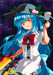 Rule 34 | 1girl, :d, apron, arm up, bad id, bad pixiv id, black hat, blue bow, blue hair, blue skirt, bow, bowtie, breasts, buttons, center frills, dark background, flaming sword, flaming weapon, food, frills, fruit, hat, hinanawi tenshi, holding, holding sword, holding weapon, keystone, leaf, long hair, looking at viewer, medium breasts, open mouth, orange eyes, peach, puffy short sleeves, puffy sleeves, qqqrinkappp, rainbow order, red bow, red bowtie, rope, shide, shimenawa, short sleeves, skirt, smile, solo, sword, sword of hisou, touhou, traditional media, waist apron, weapon