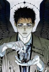 Rule 34 | 2boys, angel wings, black hair, black necktie, black wings, blood, blue eyes, castiel, coat, collared shirt, dean winchester, facial hair, feathered wings, highres, in palm, japtangtang2, male focus, multiple boys, necktie, shirt, short hair, stubble, supernatural (tv series), trench coat, upper body, white shirt, wings