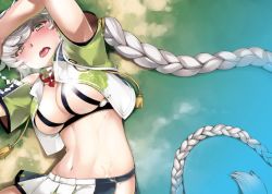 Rule 34 | 10s, 1girl, arm on own head, armpit peek, asymmetrical hair, bare shoulders, blush, bra, braid, breasts, cloud print, crop top, cupless bra, gradient background, hair ornament, kantai collection, large breasts, long hair, looking at viewer, midriff, mr.lostman, navel, open clothes, open mouth, revealing clothes, silver hair, single braid, skirt, solo, tongue, tongue out, underwear, unryuu (kancolle), very long hair, yellow eyes