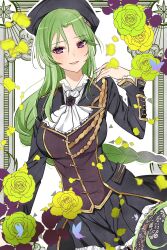 Rule 34 | 1girl, arm at side, ascot, assault lily, black jacket, black pantyhose, black skirt, blush, border, braid, breasts, bug, butterfly, commentary request, falling petals, flower, frilled skirt, frills, green flower, green hair, green rose, grin, hand up, highres, insect, jacket, kikikaikai (kikikaikai chan), large breasts, long hair, long sleeves, looking at viewer, miniskirt, murakami tokiwa, ornate border, outside border, pantyhose, parted bangs, parted lips, petals, pleated skirt, protected link, purple butterfly, purple eyes, rose, sidelocks, single braid, skirt, smile, solo, standing, very long hair, white ascot, white background, yellow flower, yellow rose