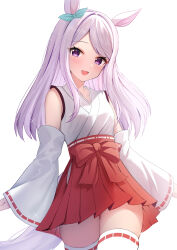 Rule 34 | 1girl, absurdres, alternate costume, animal ears, blush, commentary request, detached sleeves, highres, horse ears, horse girl, horse tail, japanese clothes, long hair, looking at viewer, mejiro mcqueen (umamusume), miko, purple eyes, purple hair, rei (ilust9999), simple background, solo, tail, thighhighs, thighs, umamusume, white background