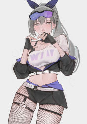 Rule 34 | 1girl, absurdres, black gloves, black shorts, bra strap, breasts, commentary request, cowboy shot, crop top, fingerless gloves, fishnet pantyhose, fishnets, gloves, grey background, grey eyes, grey hair, hair ribbon, hands up, highres, honkai: star rail, honkai (series), long hair, long sleeves, looking at viewer, medium breasts, midriff, navel, open mouth, pantyhose, ponytail, purple ribbon, ribbon, shirt, short shorts, shorts, silver wolf (honkai: star rail), simple background, single-shoulder shirt, single bare shoulder, solo, standing, stomach, thigh strap, thighs, wawamachi (wawamachis), white shirt