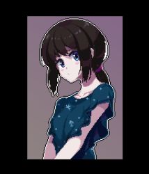 Rule 34 | 1girl, black background, black hair, blue eyes, blue shirt, blush, cazanera, closed mouth, collarbone, collarless shirt, commentary request, fubuki (kancolle), grey background, hair ribbon, kantai collection, looking at viewer, low ponytail, medium hair, pixel art, ponytail, purple ribbon, ribbon, shirt, short ponytail, short sleeves, sidelocks, simple background, solo, two-tone background, upper body