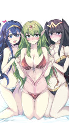 Rule 34 | 3girls, :d, bad id, bad pixiv id, bikini, black eyes, black hair, blue eyes, blue hair, blush, breast press, breasts, circlet, cleavage, echizen (hvcv), fire emblem, fire emblem awakening, front-tie bikini top, front-tie top, girl sandwich, green eyes, green hair, hair down, hairband, heart, highres, kneeling, large breasts, lingerie, long hair, looking at viewer, lucina (fire emblem), multicolored bikini, multicolored clothes, multiple girls, navel, nightgown, nintendo, open mouth, pointy ears, ponytail, purple eyes, sandwiched, side-tie bikini bottom, smile, sweat, swimsuit, tharja (fire emblem), thigh gap, tiara, tiki (adult) (fire emblem), tiki (fire emblem), two side up, underwear, very long hair, white background