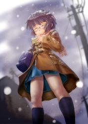 Rule 34 | 10s, 1girl, absurdres, bad id, bad pixiv id, bag, blush, closed eyes, coat, female focus, from below, glasses, highres, kakisuke, kneehighs, legs, nagato yuki, purple hair, scarf, short hair, smile, snow, socks, solo, suzumiya haruhi no shoushitsu, suzumiya haruhi no yuuutsu, winter