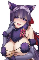 Rule 34 | 1girl, absurdres, animal ears, bare shoulders, bb (fate), bb (fate/extra), blush, breasts, cleavage, cosplay, elbow gloves, fate/extra, fate/extra ccc, fate/grand order, fate (series), fur-trimmed gloves, fur collar, fur trim, gloves, hair ribbon, halloween costume, highres, huge filesize, large breasts, long hair, looking at viewer, mash kyrielight, mash kyrielight (dangerous beast), mash kyrielight (dangerous beast) (cosplay), o-ring, official alternate costume, open mouth, purple eyes, purple gloves, purple hair, red ribbon, revealing clothes, ribbon, sasso2kb, simple background, smile, tail, very long hair, white background, wolf ears, wolf tail