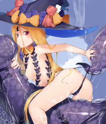 Rule 34 | 1girl, abigail williams (fate), abigail williams (second ascension) (fate), anger vein, ass, black hat, black panties, blonde hair, blue eyes, blush, bow, breast sucking, breasts, closed mouth, commentary request, convenient censoring, dabuki, expressionless, fate/grand order, fate (series), hat, highres, keyhole, long hair, looking at viewer, lying, orange bow, panties, panty pull, parted bangs, partially visible vulva, pulling another&#039;s clothes, red eyes, revealing clothes, sideboob, small breasts, solo, suction cups, tentacles, underwear, very long hair, wedgie, witch hat