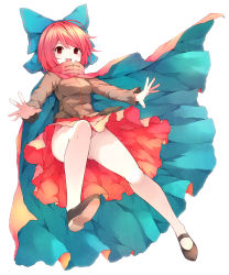 Rule 34 | 1girl, absurdres, bow, cape, convenient leg, hair bow, highres, legs, long sleeves, mary janes, mikoma sanagi, no panties, open mouth, red eyes, red hair, sekibanki, shirt, shoes, skirt, smile, solo, touhou, upskirt