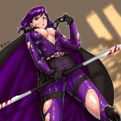 Rule 34 | 1girl, blood, bodysuit, breasts, cameltoe, caooll, cape, cleavage, highres, hit-girl, kick-ass, large breasts, lips, looking at viewer, mask, aged up, purple hair, solo, torn clothes, weapon