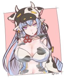 Rule 34 | 1girl, animal ears, animal print, bare shoulders, bikini, blue hair, blush, border, breasts, catura (granblue fantasy), cow ears, cow girl, cow hat, cow horns, cow print, detached sleeves, draph, ear piercing, gollizo, granblue fantasy, hat, highres, horns, large breasts, long hair, looking at viewer, navel, open mouth, piercing, pink background, pointy ears, see-through, solo, swimsuit, white bikini, white border, wide sleeves, yellow eyes