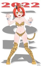 Rule 34 | 1girl, 2022, ahoge, animal ears, animal print, artist name, bare shoulders, bikini, braid, braided bangs, breasts, chinese zodiac, claw pose, commentary, fake animal ears, fake tail, front-tie bikini top, front-tie top, full body, fur cuffs, highres, horns, indie virtual youtuber, kurumi sarari, looking at viewer, matatabeat, navel, new year, oni horns, open mouth, orange eyes, print bikini, print thighhighs, red hair, romaji text, short hair, signature, single horn, small breasts, smile, solo, standing, strapless, strapless bikini, swimsuit, tail, text background, thighhighs, tiger ears, tiger print, tiger tail, virtual youtuber, white background, year of the tiger, yellow bikini, yellow eyes, yellow thighhighs