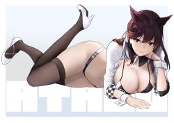 Rule 34 | 1girl, absurdres, animal ears, atago (azur lane), atago (stunning speedster) (azur lane), azur lane, bikini, black hair, black thighhighs, breasts, brown eyes, character name, cleavage, dog ears, extra ears, full body, high heels, highres, large breasts, long hair, looking at viewer, lying, mole, mole under eye, official alternate costume, on stomach, oshida bob, race queen, ribbon, shrug (clothing), solo, swept bangs, swimsuit, thighhighs, two-tone bikini, white footwear, white ribbon, wrist cuffs