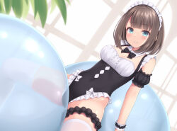 Rule 34 | 1girl, balloon, black bow, black garter, black one-piece swimsuit, black sleeves, blue eyes, blush, bow, bow swimsuit, breasts, bridal garter, brown hair, cleavage, covered navel, detached collar, detached sleeves, frilled one-piece swimsuit, frills, highleg, highleg swimsuit, maid, maid headdress, maid one-piece swimsuit, medium breasts, one-piece swimsuit, original, parted lips, puffy detached sleeves, puffy sleeves, sasaame, short hair, sitting, solo, spread legs, swimsuit, thighhighs, unconventional maid, underbust, white bow, white thighhighs, wrist cuffs
