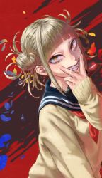 Rule 34 | 1girl, black background, blonde hair, blunt bangs, boku no hero academia, cardigan, clenched teeth, commentary request, double bun, eyebrows hidden by hair, face, grin, hair bun, highres, holding, holding knife, knife, long sleeves, messy hair, red background, school uniform, serafuku, short hair, short hair with long locks, smile, solo, teeth, toga himiko, two-tone background, v, yellow eyes, yomoyama yotabanashi