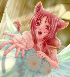 Rule 34 | 1girl, animal ears, blush, breasts, cat ears, cat girl, cat tail, female focus, fingernails, foreshortening, highres, indoors, large breasts, long hair, nail, nipples, open mouth, original, red eyes, red hair, see-through, showering, solo, tail, wanana, wet