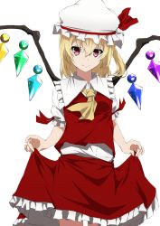 Rule 34 | 1girl, absurdres, aono meri, ascot, bad id, bad pixiv id, blonde hair, crystal, fang, flandre scarlet, frills, hat, hat ribbon, highres, looking at viewer, mob cap, puffy sleeves, red eyes, ribbon, shirt, short hair, short sleeves, side ponytail, simple background, skirt, skirt hold, skirt set, smile, solo, touhou, vest, white background, wings