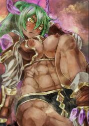Rule 34 | 1girl, abs, bad id, bad pixiv id, barbara (p&amp;d), breasts, censored, colored eyelashes, crotchless, crotchless panties, dark-skinned female, dark skin, fang, female pubic hair, green hair, highres, horns, large breasts, long hair, nipples, open clothes, open shirt, panties, pubic hair, pussy, puzzle &amp; dragons, shirt, slit pupils, solo, sweat, tan, underwear, yellow eyes