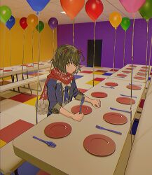 Rule 34 | 1boy, absurdres, balloon, bench, birthday party, blue coat, blue necktie, brown hair, closed mouth, coat, expressionless, fork, highres, holding, holding fork, indoors, kome non, liminal space, long sleeves, looking at viewer, male focus, mashiro meme, mashiro meme (1st costume), necktie, nijisanji, on bench, plate, red scarf, scarf, short hair, sitting, solo, table, trap, upper body, virtual youtuber, yellow eyes