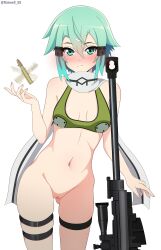 Rule 34 | 1girl, absurdres, bare arms, bare shoulders, blush, bracelet, breasts, bullet, cleft of venus, cowboy shot, frown, gluteal fold, green eyes, green hair, grey scarf, gun, hair ornament, hairclip, highres, jewelry, medium breasts, navel, pussy, rifle, roswell ss, scarf, shiny skin, simple background, sinon, sniper rifle, solo, sword art online, thigh strap, weapon