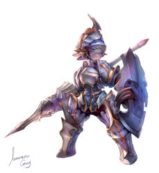 Rule 34 | 1boy, armor, closed mouth, full armor, greaves, helmet, holding, holding lance, holding polearm, holding weapon, knight, konghai shanren, lance, male focus, original, pauldrons, polearm, shield, shoulder armor, signature, solo, standing, weapon